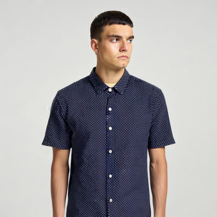 Navy and white pattern short sleeve shirt