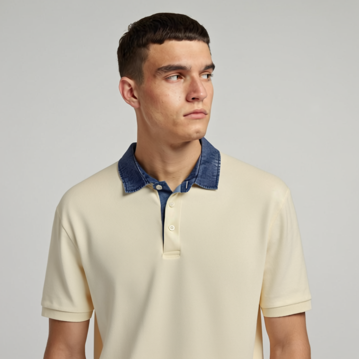 Light yellow and Denim Collar polo shirt