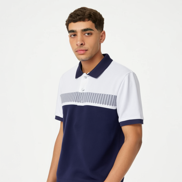 White and navy polo shirt