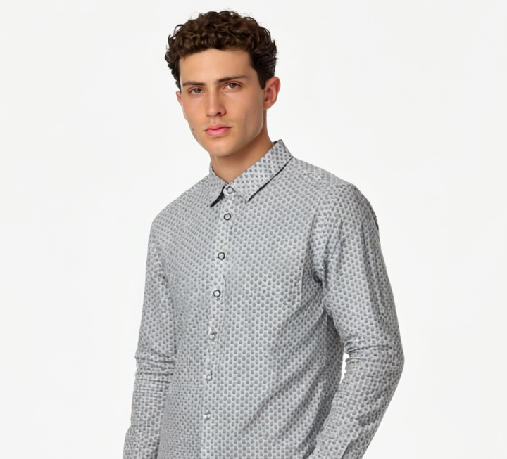 White and navy pattern long sleeve shirt